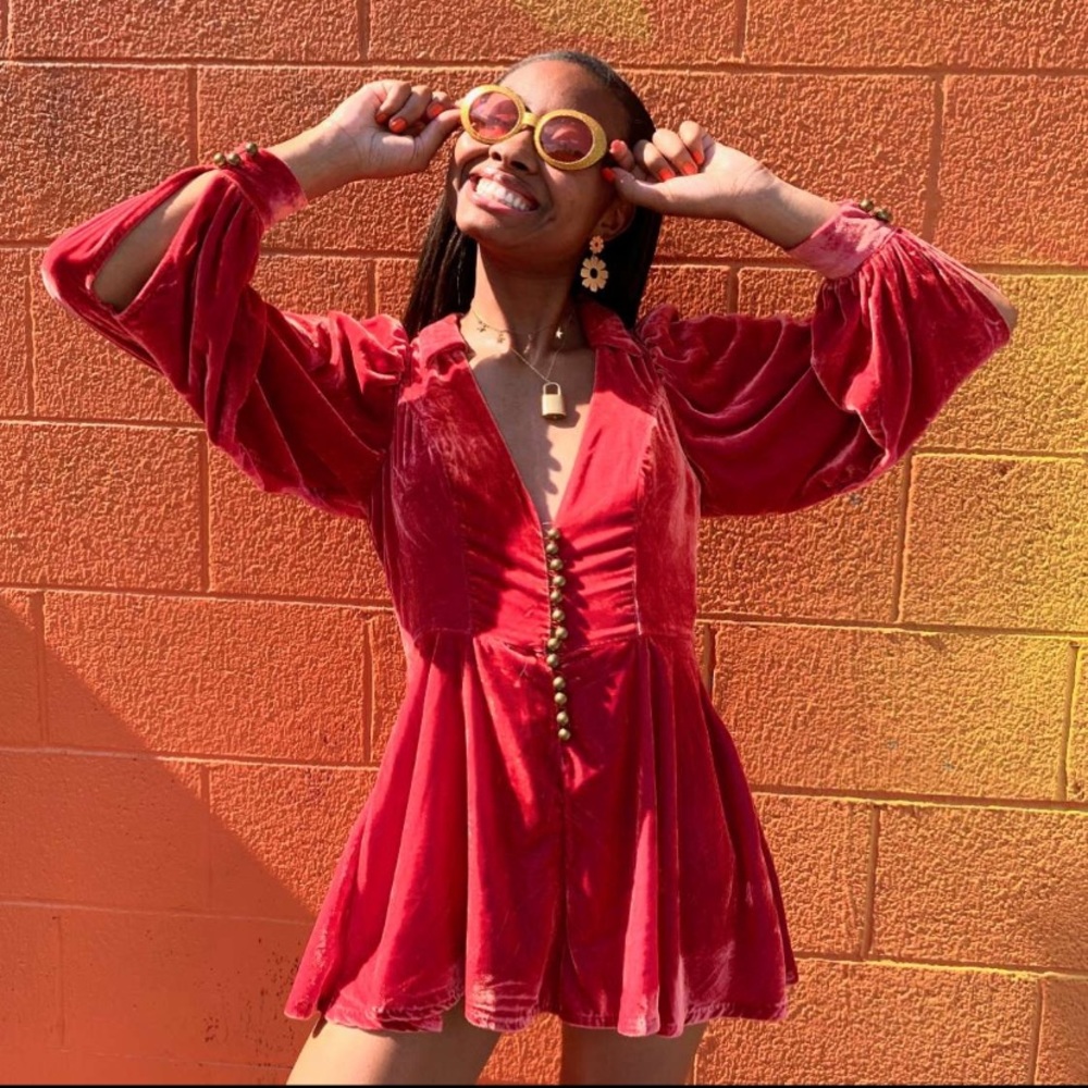 Free People Carnaby Velvet Romper in Living Coral